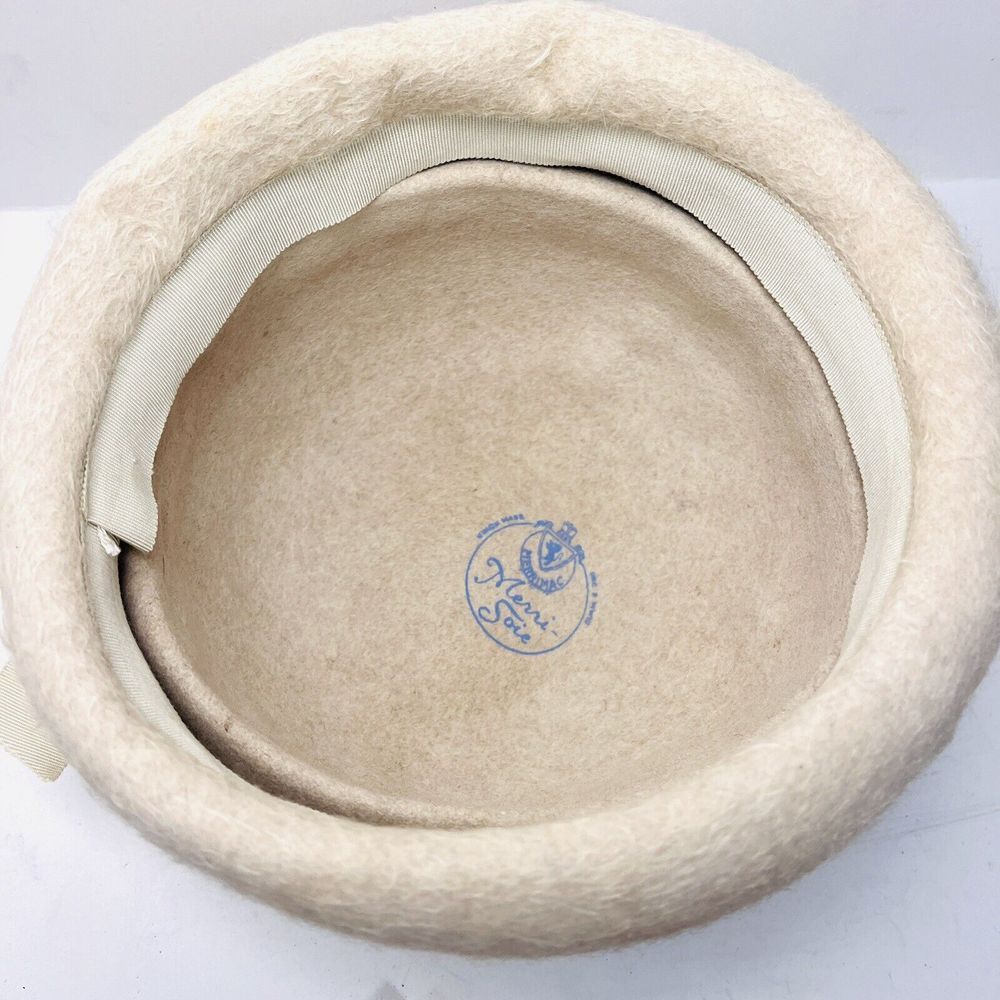 Vintage 1950s Merri Soie Merrimac Cream Ivory Bowler Bucket Hat Faux Felted Fur - Picture 6 of 9